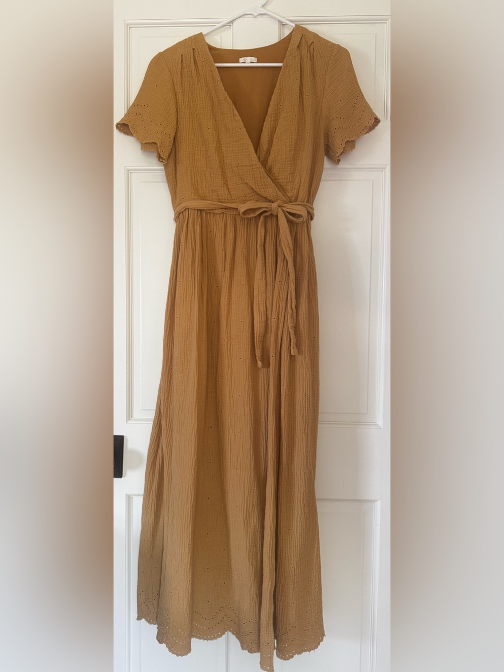 Rylee + Cru Eyelet Wrap Maxi Dress Honey Mustard Cotton Gauze Size M